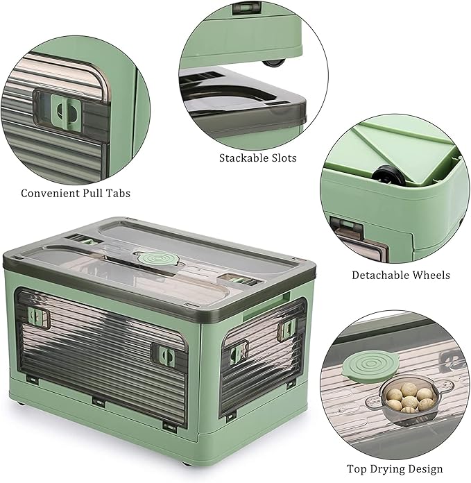 Folding Storage Bins, 36 Liters, 2 Pcs Green Plastic Storage Containers with Wheels, Four Doors, Foldable, Stackable, Plastic Box with Lids for Organization, Storage Cart