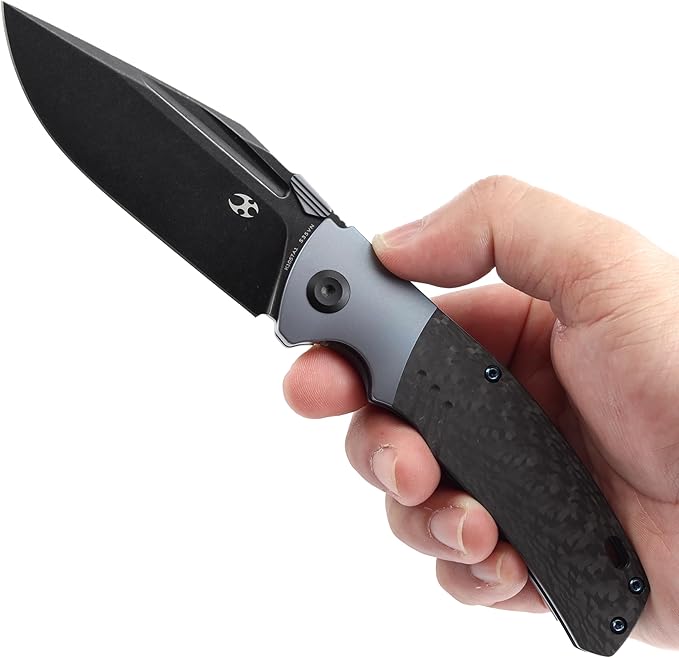 KANSEPT Hinterland Pocket Folding Knives for Men EDC Camping Folding Knife 3.58'' Blackwash CPM S35VN Blade Pocket Folding Knife with Blue Anodized Titanium Twill Carbon Fiber Inlay Handle K1057A1