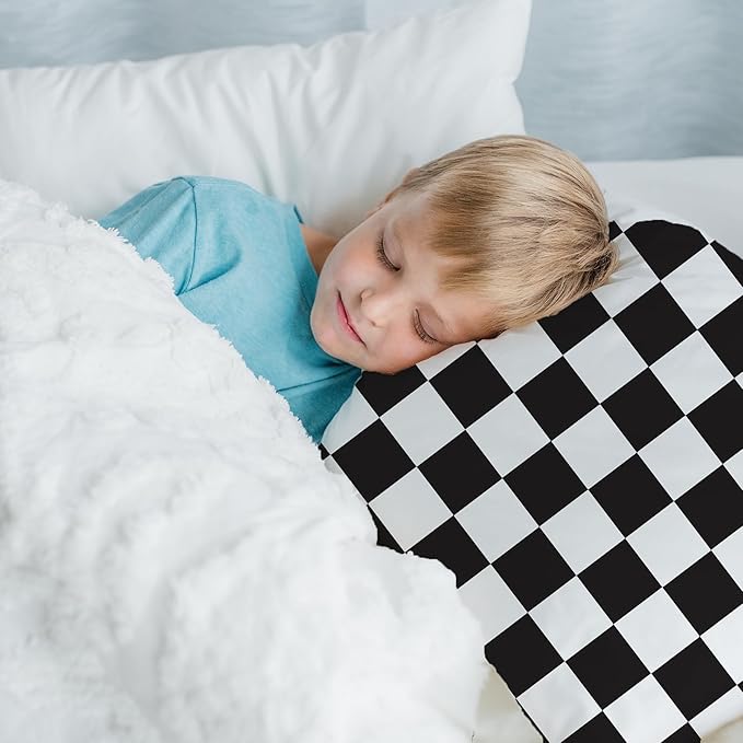 Little Sleepy Head Youth Pillow with Pillowcase 16x22, Soft Jumbo Toddler Pillows, Hypoallergenic Pillow Case - Best Kids Pillows for Sleeping, Perfect Kids Travel Pillows (Checkers Black)