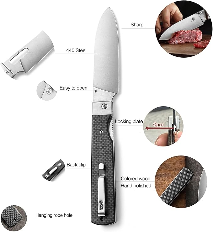 SENBON 440 Stainless Steel Sharp Pocket Folding Chef Knife Peeling Utility Knife Fruit Knife Carbon Fiber Handle Camping Barbecue Outdoor Fruit Knife with Back Clip