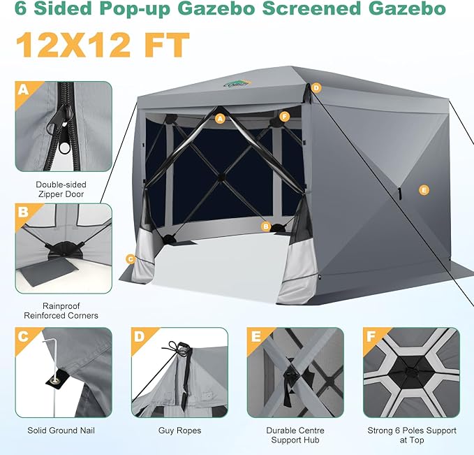 COBIZI 12x12 Pop up Gazebo Screen House Tent for Camping, Outdoor Canopy with Removable Roof&Sidewalls,Portable Hub Tent with Carrying Bag and Ground Stakes, Grey(Upgraded 2.0)