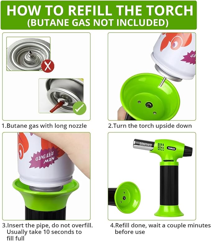 Sondiko Butane Torch Lighter, Refillable Kitchen Torch with Safety Lock and Adjustable Flame for Desserts, Creme Brulee, and Baking, Green