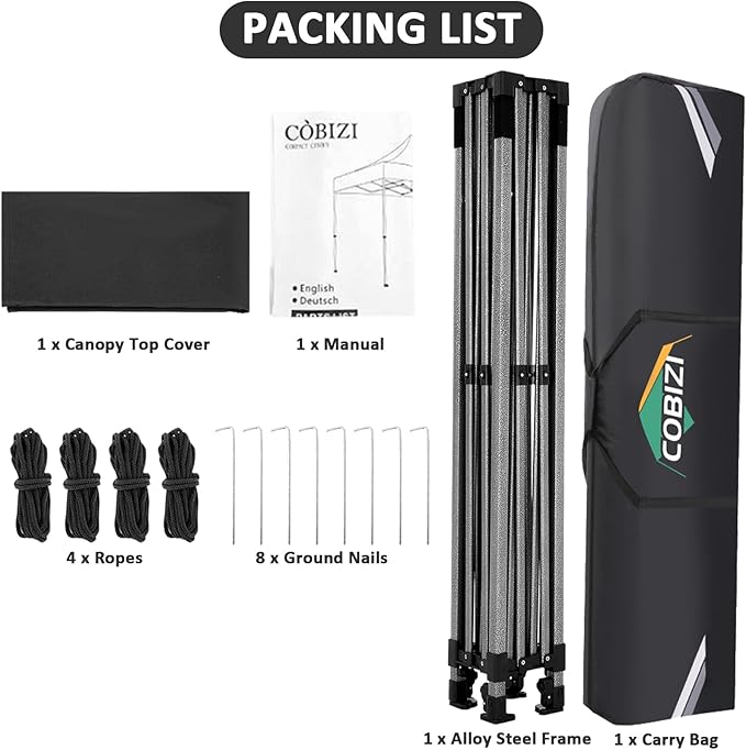 COBIZI 10x10 Pop Up Canopy Without Sidewall,Heavy Duty Canopy UPF 50+ All Season Wind Waterproof Commercial Outdoor Wedding Party Tents for Parties Canopy Gazebo with Carry Bag(10 x 10 ft Black)