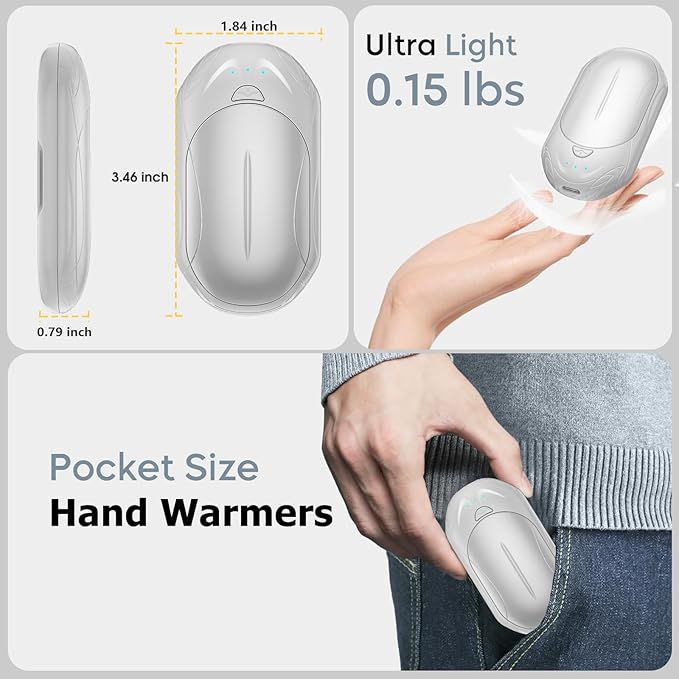 AI Hand Warmers Rechargeable 2 Pack, 6000mAh Electric Hand Warmers, AI Smart Chips 20Hrs Long Safe Heat, Portable Pocket Heater, Gifts for Christmas, Outdoor, Golf, Hunting, Camping Accessories