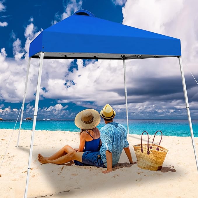 8x8 Top Pop Up Canopy Tent with Central Lock Design, Slant Legs, Backpack, Easy Outdoor Sun Shade for Events, Parties, Camping(Blue)