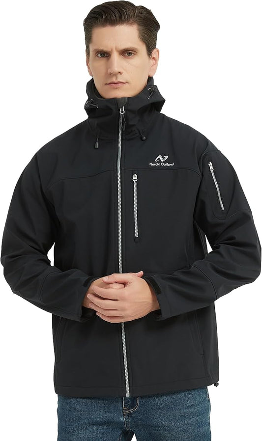 Men's Waterproof Softshell Rain Jacket, Hooded Windbreaker 7 Pockets, Lightweight Shell for Outdoor Activities