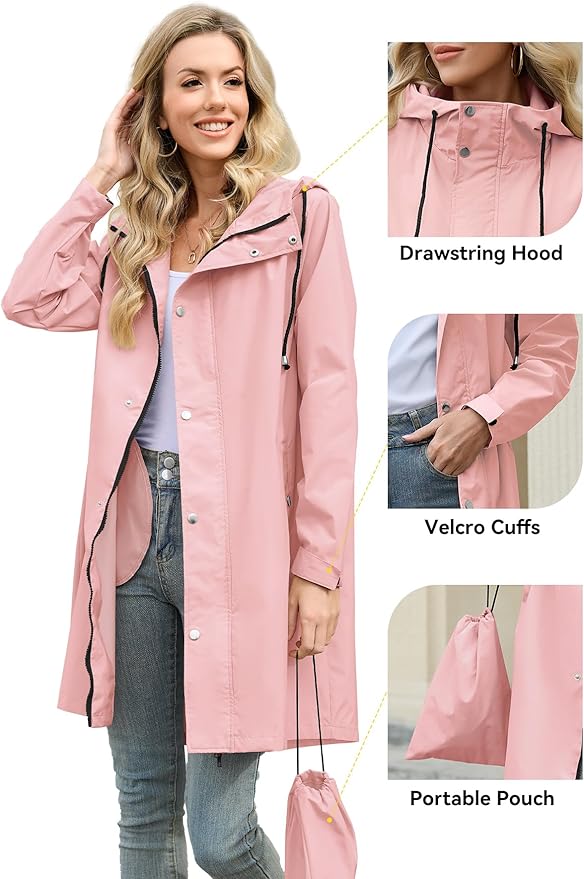 Zando Long Packable Rain Jacket Women Waterproof - Raincoat for Women Rain Coat with Hood Lightweight Outdoor Windbreaker