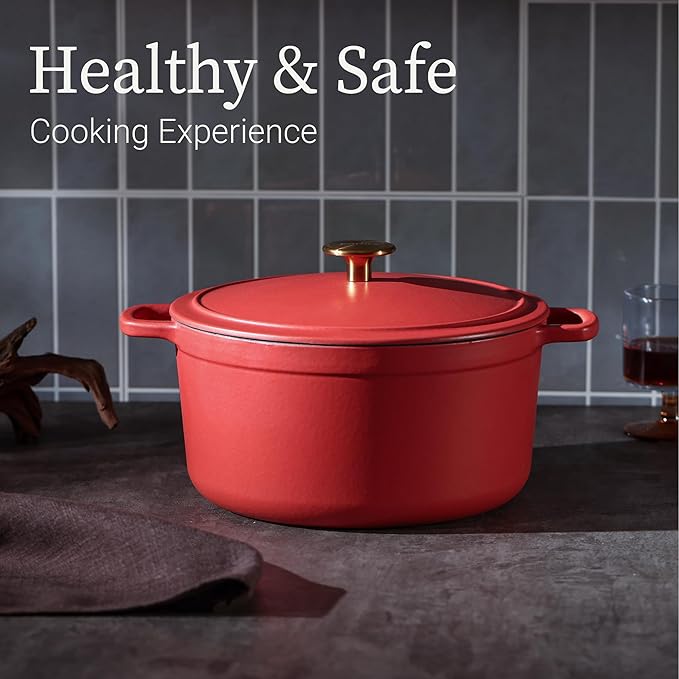 CAROTE Enameled Cast Iron Dutch Oven Pot with Lid, Enameled Dutch Oven for Sourdough Bread Baking, Braising, Stews, Dual Handles, Heavy-Duty Cast Iron Pot, 5QT, Red