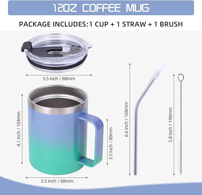 Volhoply 12oz Insulated Leakproof Coffee Mug with Flip & Straw Lid Bulk 4 Pack,Double Wall Vacuum Stainless Steel Travel Tumbler Cup with Handle,Camping Keep Cold/Hot(Purple Green,4 Set)