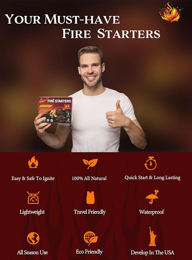 Fire Starter, Easy-Burning Fire Starter Squares for Wood Stoves, Campfires, Grill Pit and Fireplace, Natural & Waterproof BBQ Fire Starters, 64 Mini Square