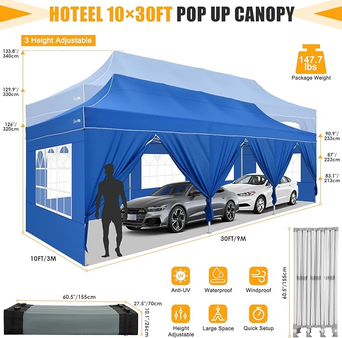 HOTEEL Tents for Parties 10x30 Pop Up Canopy Tent Heavy Duty with 8 Sidewalls, Commercial Party Tent Event Wedding Instant Canopy Waterproof with Carry Bag, UV 50+, Thicked Hexagonal Legs, Blue