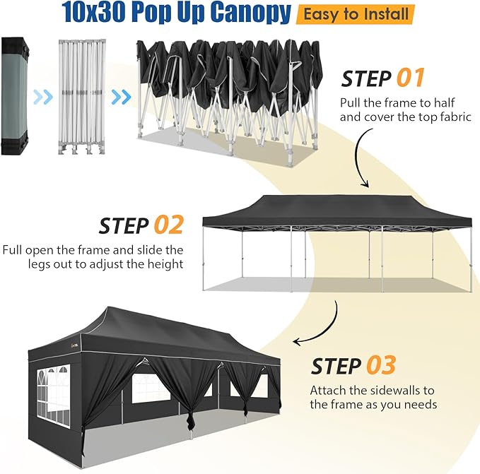 HOTEEL 10x30 Pop up Canopy Tent for Parties, Heavy Duty Easy Setup Tent with 8 Sidewalls, Outdoor Commercial Instant Gazebo for Wedding Event, with Portable Bag & Sand Bags, Black(Hexagonal Frame)