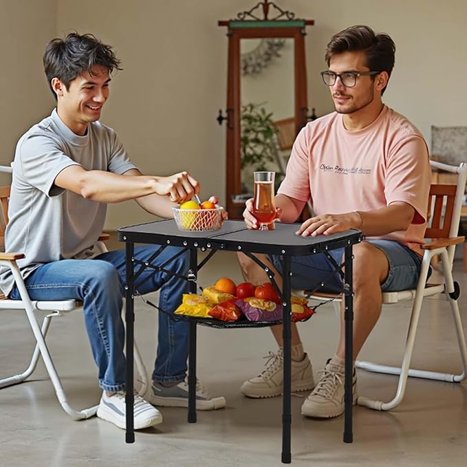 VEVOR Folding Camping Table, Adjustable Height Portable Side Tables, Aluminum MDF Beach Table with Mesh Layer, Carrying Handle, Lightweight Compact for Outdoor Picnic BBQ Cooking (24inch-Black)