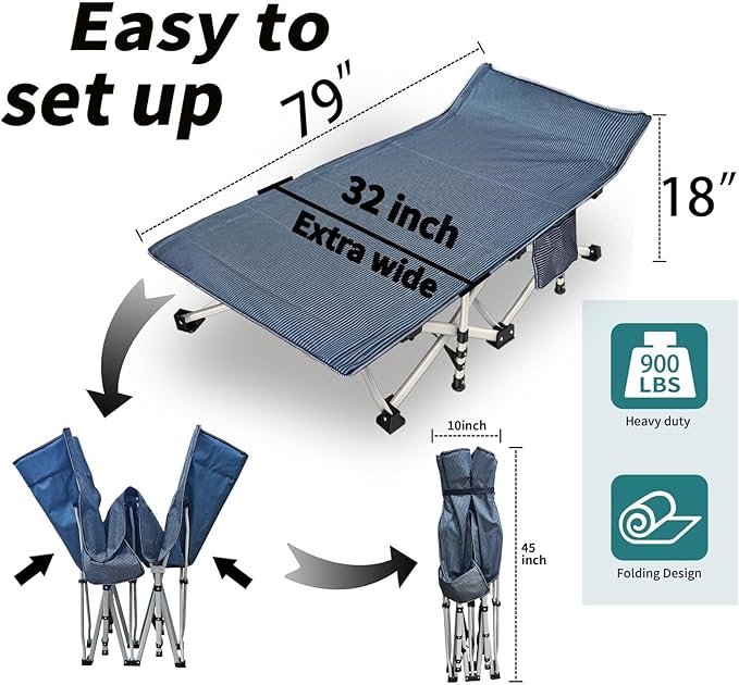 79" L x 32" W x 18" H Camping Cot with Comfortable Mattress for Adults Extra Wide Cot for Sleeping XXL Oversize Folding Bed Heavy Duty with Carry Bag for Indoor Outdoor