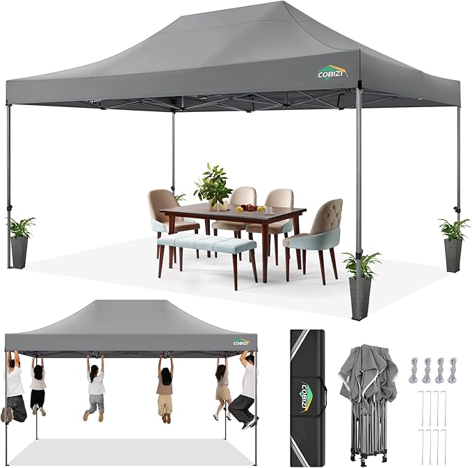 COBIZI 10x15 FT Pop up Canopy Tent,Heavy Duty Easy Up Commercial Outdoor Party Canopy Tents for Wedding Parties All Season Wind & Waterproof Gazebo with Carry Bag,Gray(Frame Thickened)