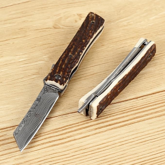 KATSU Handmade Damascus Steel Japanese Razor Pocket Folding Knife with Genuine Deer Antler Handle