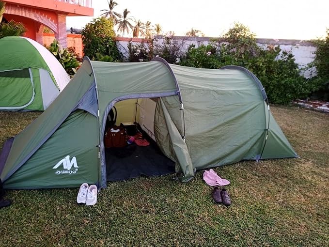 4 Person Tents for Camping, Ayamaya Tunnel Tent Camping with Vestibule 3-4 Person Waterproof, 2 Devided Rooms Bicycle Tent with Footprint for Bikepacking/Motorcycle Travel Hiking Mountaineering