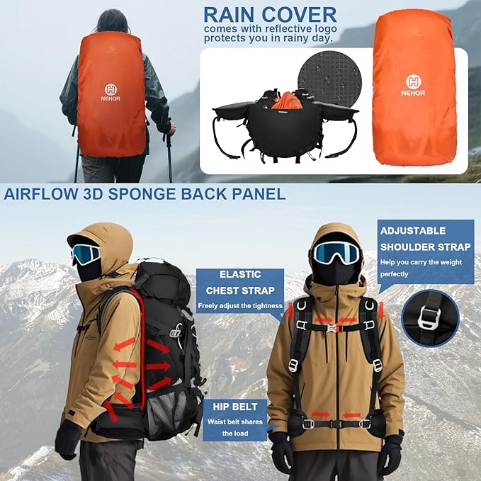 60L Hiking Backpack Water Resistant Camping Backpack with Rain Cover Large Outdoor Travel Daypack for Men Women (01-Black)