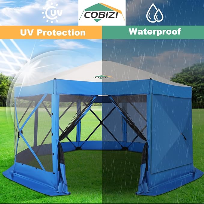 COBIZI 15x15ft Extra Large Pop Up Gazebo Canopy Tent with Mosquito Netting, Spacious Easy Set-Up Screened Shelter, Durable Outdoor Pavilion with Ground Stakes, Perfect for Patio, Backyard, Blue