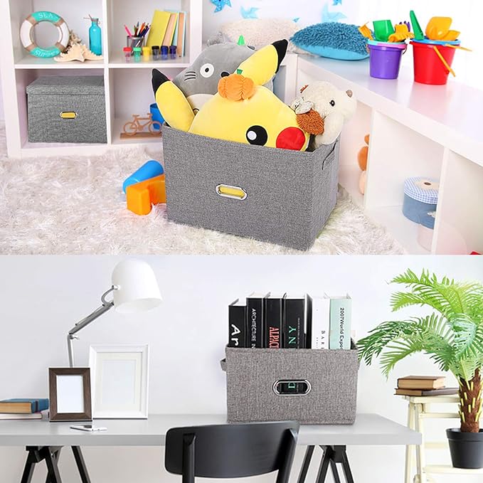 Large Linen Fabric Foldable Storage Bins with Removable Lid and Handles, Washable Storage Box Organizer Containers Baskets Cube with Cover for Bedroom,Closet,Office (Coffee, Medium(2-Pack))