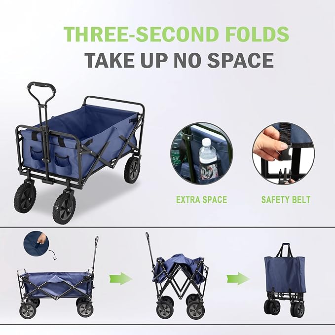 220 lbs Capaticy Folding Wagon, Utility Garden Cart Collapsible with Universal Wheels Adjustable Handle, Blue