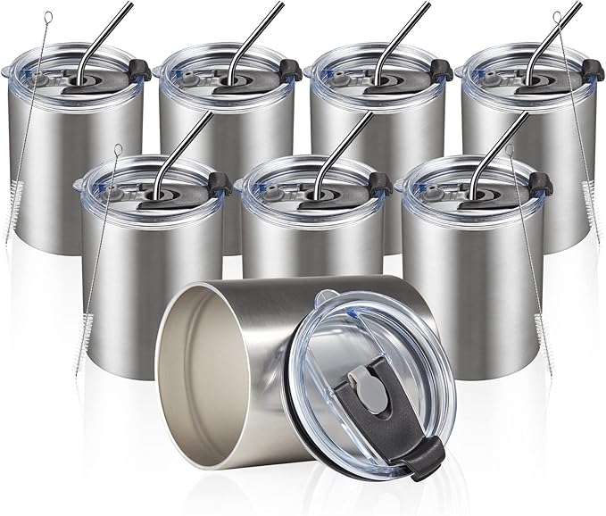 MEWAY 12oz/8Pack Coffee Mug With Lid, Insulated Stainless Steel Reusable Coffee Cup, Double Wall Durable Coffee Mug, Powder Coate,For Coffee, Beer, Home, Office(Silver,8 Pack)