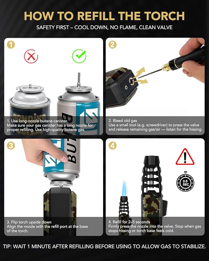 TBTeek Butane Torch Lighter - Adjustable Jet Flame Lighter, Blow Torch, Refillable Bright Fire Torch, Cooking Torch with Safety Lock for Kitchen, BBQ, Baking, Candle, Camping, Camo (Gas Not Included)