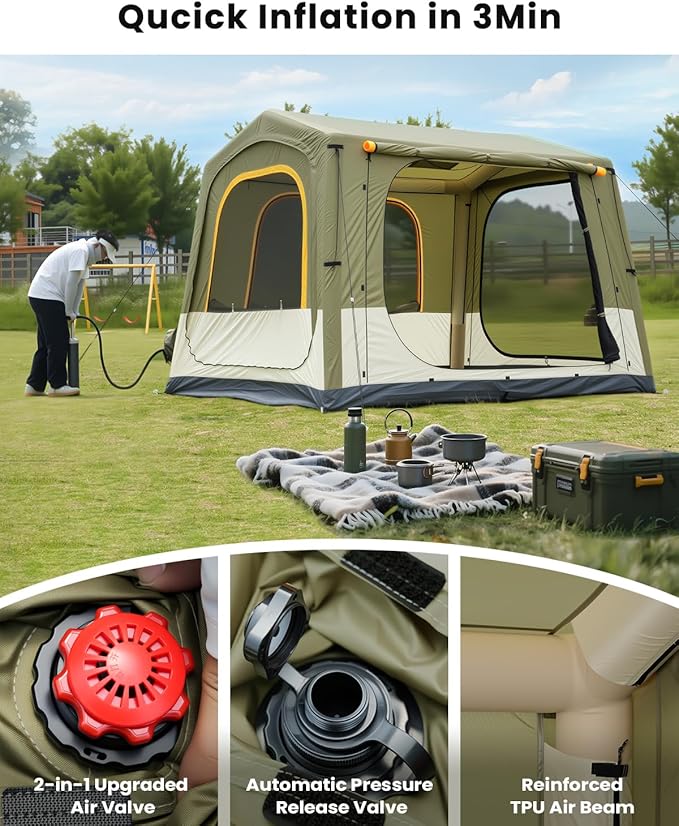 Inflatable SUV Tents for Camping, Pop Up Car Tent, Large SUV Tent Attachment for Camping, 2 in 1 Inflatable Tents Attach to Back Car with AC Port - ArmyGreen