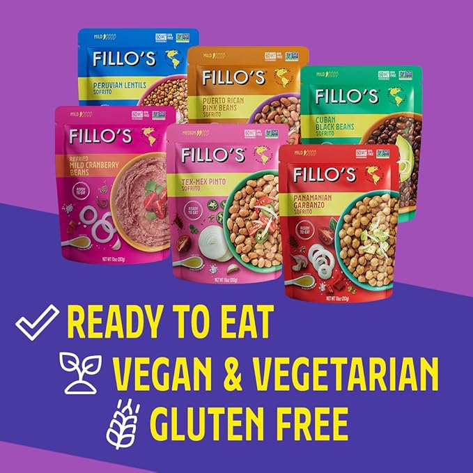 Fillo's Ready to Eat Variety Pack | Black Beans, Lentils, Pinto Beans, Mayocoba Beans | Gluten-Free, Preservative-Free, Microwavable Meals, Non-GMO, Vegan, Plant Protein, 10 oz Pk of 6
