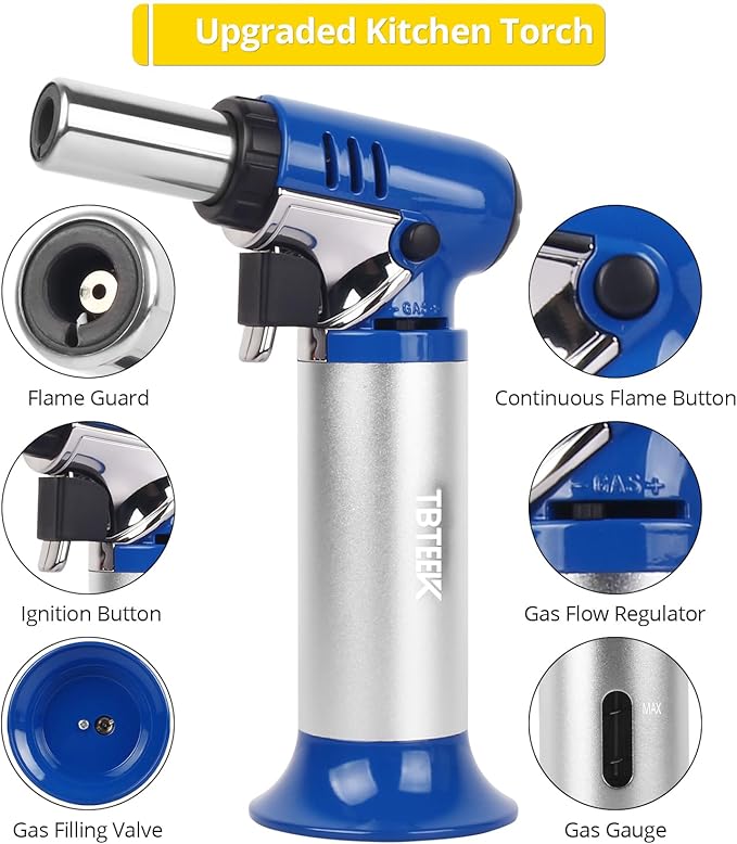 TBTEEK Butane Torch with Fuel Gauge T907, One-hand Operation Kitchen Torch Lighter with Adjustable Flame for BBQ, Baking, Brulee Creme, Crafts and Soldering(Butane Gas Not Included), Blue