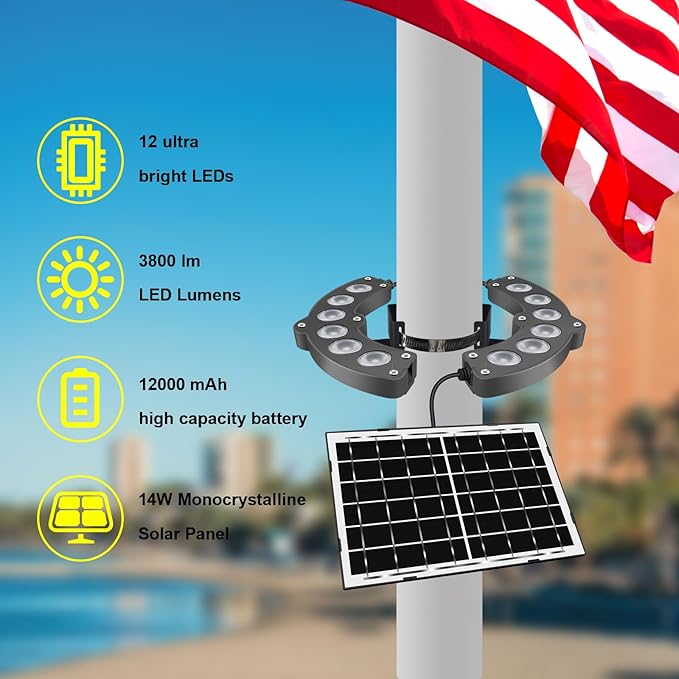 Flag Pole Lights Solar Powered 14W12000 mAh Solar FlagPole Light Up to 18-24 Hrs, IP67 Waterproof, Adjustable Clamp fits 2-6” Dia 15-40 Ft Outdoor Flagpoles Brightest, Auto Dusk to Dawn