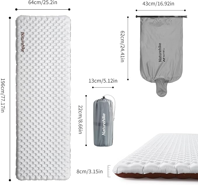 Naturehike Ultralight Insulated Sleeping Pad with R5.8, 3.2in Thickened Patchworkable Inflatable Double Sleeping Mat for Camping, Hiking, Climbing with Inflatable Bag