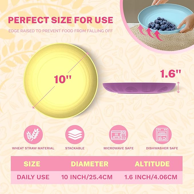 Homienly Wheat Straw Plates, Deep Dinner Plates Set of 4, Lightweight Unbreakable Plate Set - 10 Inch Microwave and Dishwasher Safe Plates for Camping, RV, Patio, Kitchen Dishes - Memphis Color
