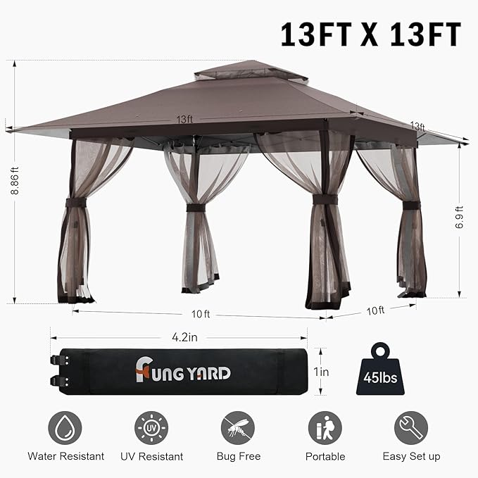 13x13 Outdoor Patio Gazebo with Mosquito Nettings - Double Roof Pop Up Canopy Tent with Wheeled Carry Bag, for Backyard Deck Lawns Garden (Brown, 13x13)