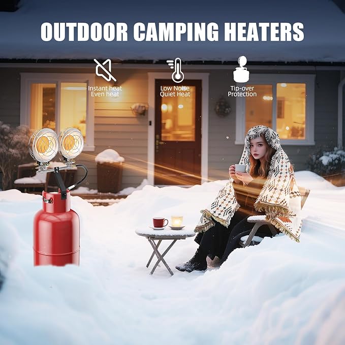 Double Propane Tank Top Heaters, Outdoor Heater Dual Burners with Adjustable Heat Settings & Tip-over Switch, Heater for Outdoor, Camping, Fishing, Hunting 3 Modes with warm Blanket (Large)