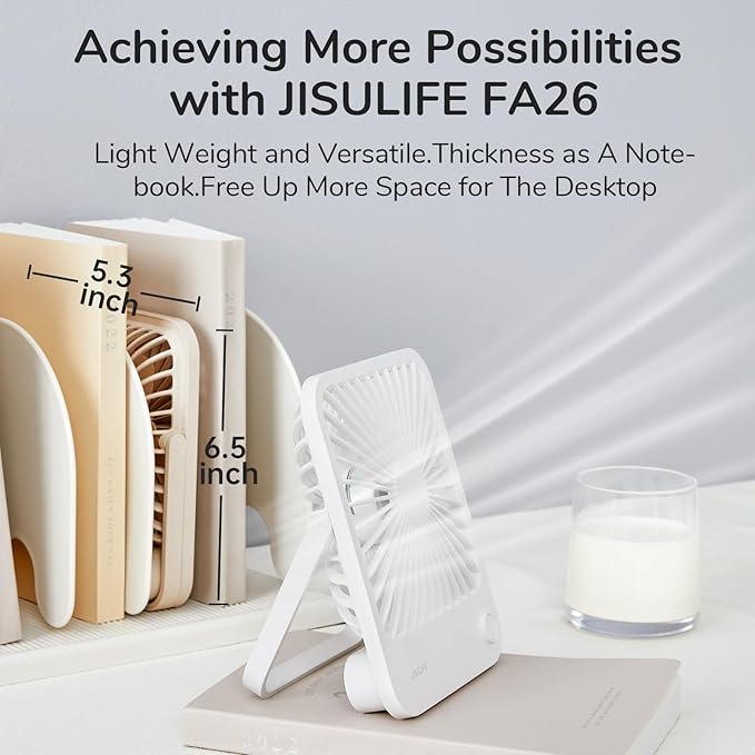 JISULIFE Desk Fan Battery Rechargeable, 4500mAh 180°Foldable Portable Personal Fan, 4 Speeds Adjustable Long Battery-life for Home Office Travel Outdoor Gifts for Women Men-White