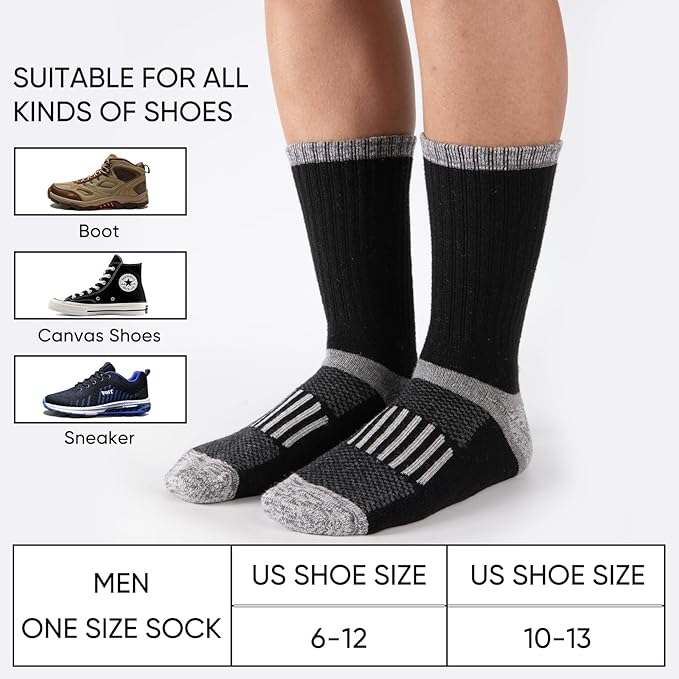 Merino Wool Hiking Socks for Men Moisture Wicking Cushion Thermal Warm Winter Crew Outdoor Boot Socks(5 Pairs)