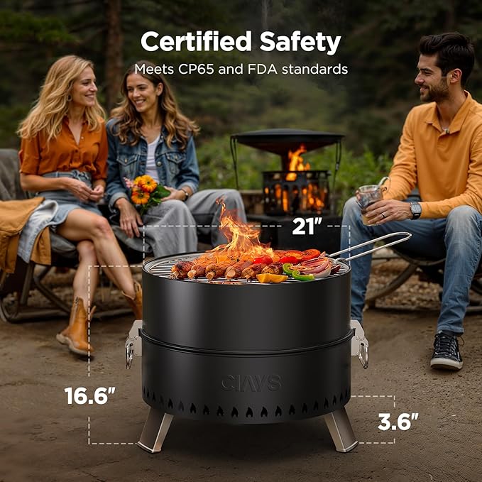 Ciays Smokeless Firepit, 21 Inch Fire Pit for Camping with Patented Technology, Portable Fire Pit for Outside with Steel Grill Rack, Fire Poker, and Bag, Easy Setup and Storage, Wood Burning (Black)