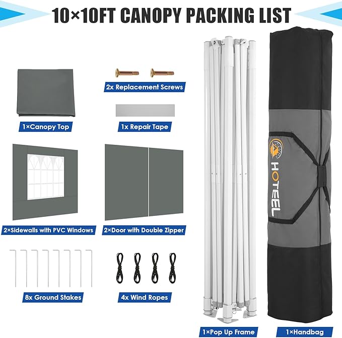HOTEEL Pop Up Canopy Tent 10x10 with Sidewalls, Commercial Instant Waterproof Canopy for Vender Patio, UV 50+ with Silver Coated, Upgraded Thickened Hexagonal Legs, Gray