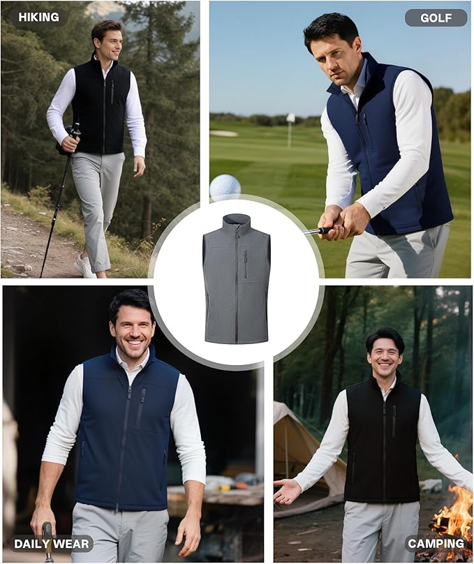 Mens Windproof Golf Vest Outerwear Fleece Lined Softshell Sleeveless Lightweight Jacket