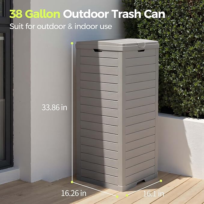 38 Gallon Outdoor Trash Can Waterproof Resin Garbage Can with Tiered Lid & Drip Tray Indoor and Outdoor Use Trash Bin for Patio Kitchen, Backyard & Deck, Gray