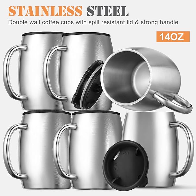 Xinnun 14 oz Insulated Stainless Steel Coffee Mug Spillproof with Lid Double Wall Travel Coffee Mug with Handle Shatterproof Metal Cups for Camping Outdoor Hot Tea Beer Cold Drink(Silver,6 Pack)