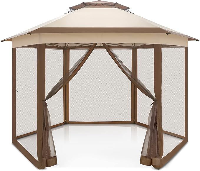 EAGLE PEAK 6-Sided Outdoor Camping Pop Up Gazebo w/Screen Netting, 13x13 Double-Tier Hexagonal Outdoor Canopy Tent for Patio, Garden, Party, Backyard, Beige