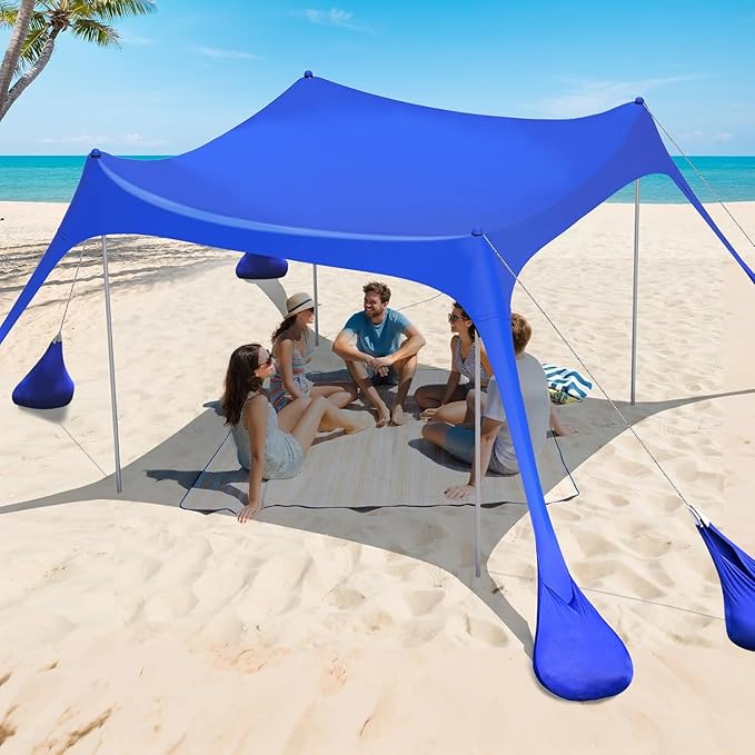 2PM SPORTS Beach Tent Canopy with UPF50+ UV Protection, Outdoor Large Beach Sun Shade Shelter for Family Picnic Camping Travel Shore Fishing, 8 Sandbags, Sand Shovel (Navy Blue, 8x8 FT)