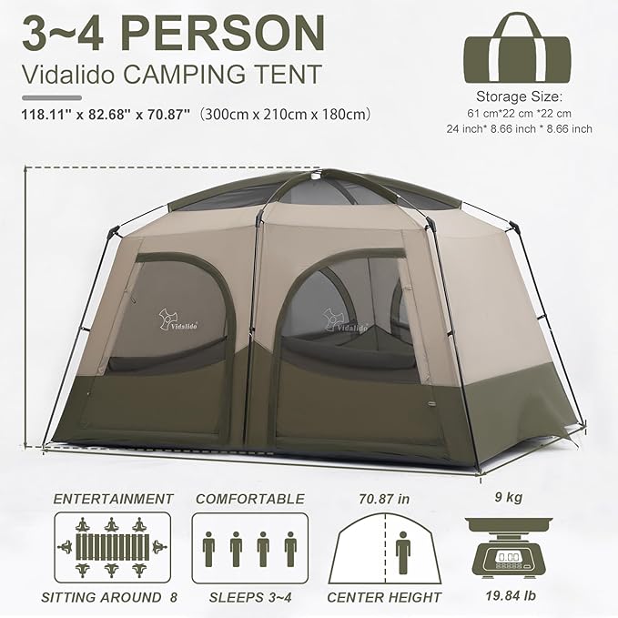 Vidalido Tents,3-4 Person Camping Tent with Extended Vestibule,Weather Resistant Family Tents with Breathable Mesh Windows,Easy Install Waterproof Outdoor Tent for Backpacking and Camping Hiking