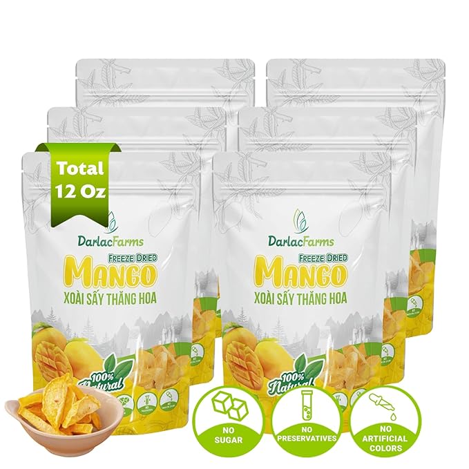 DARLAC FARMS Freeze Dried Mango Slices, Pack 6, No Sugar Added, Healthy Fruit Snacks for Kids, Adults & All Ages, Premium Organic Crispy Crunchy Snacks, Tea, Baking, Smoothie, Yogurt, 2 Oz Each