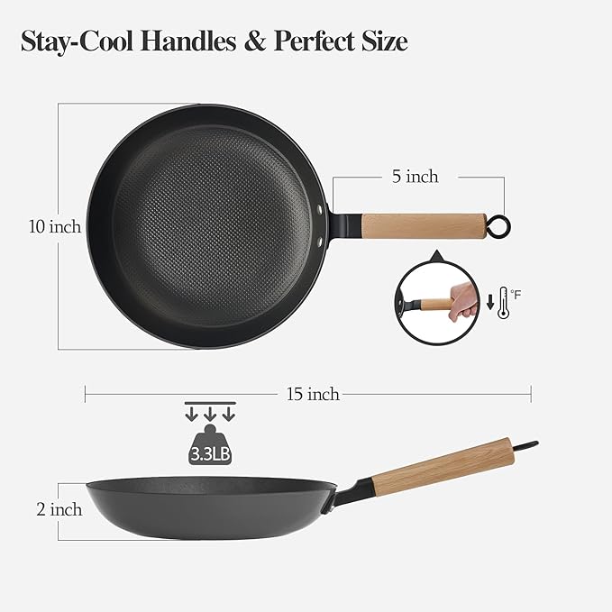 YUTANN 10 Inch Non-stick Frying Pan,Pre-seasoned Cast Iron Skillet with Detachable Wooden Handle,Lightweight,Dishwasher Oven Safe (500°F)