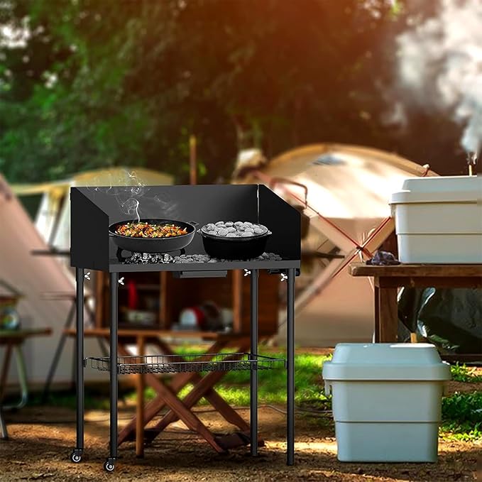 onlyfire Outdoor Camp Cooking Table for Dutch Ovens and Food Preparation, Collapsible Grill Table Camping Kitchen Station with Side Windscreen & Storage Basket for Backyard BBQ Picnic RV