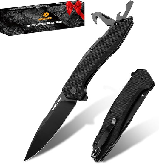 MOSSY OAK Folding Pocket Knife with Clip, 3.5" D2 Steel Blade G10 Handle, Small EDC Knife with Glass Breaker, Rope Cutter, Bottle Opener, Screwdrivers for Camping, Survival, Hiking, Outdoor Use