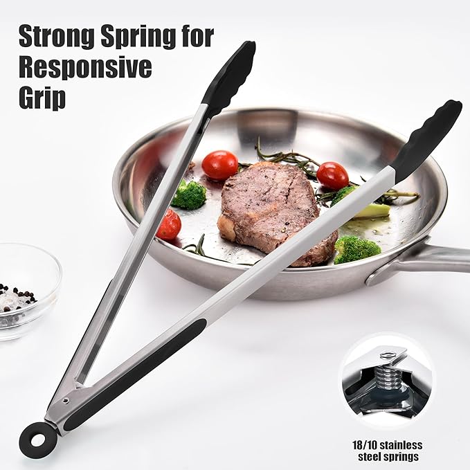 Doosu Kitchen Tongs for Cooking - 600°F Heat Resistant Food Tong with Non-Scratch Silicone Tips, Heavy Duty Stainless Steel Locking Tong for BBQ, Grilling Steak, Serving Salad, Pasta (16in, Black)